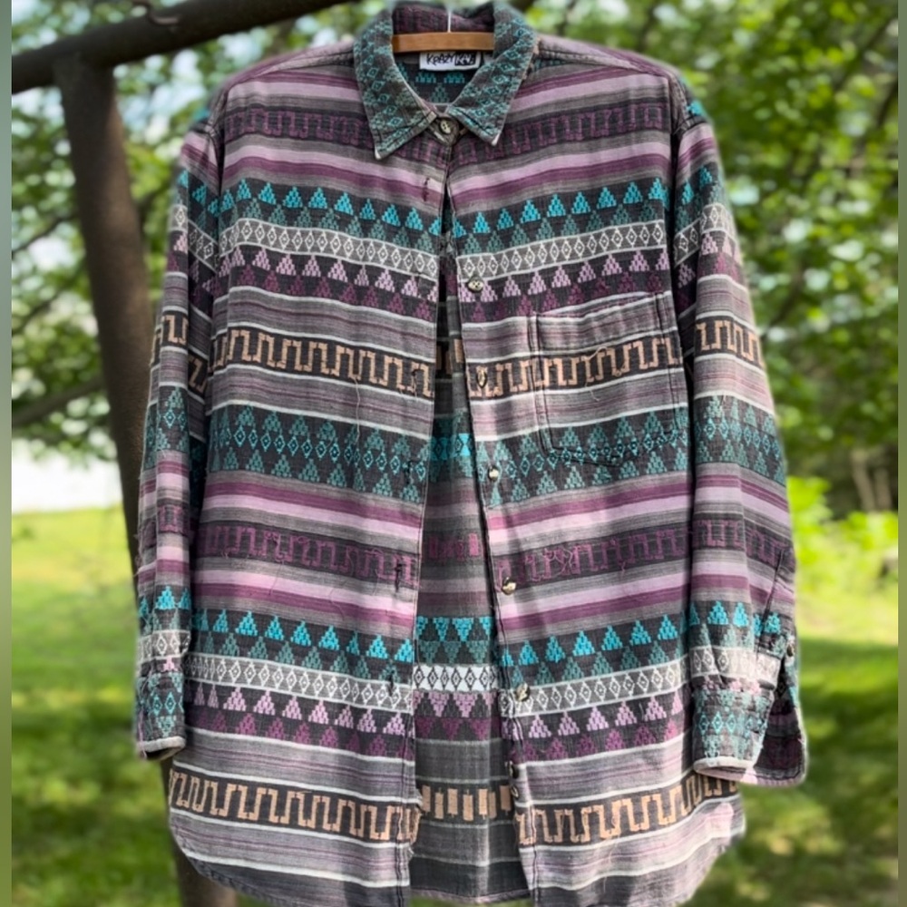 Krazy Kat Shirt Womens Large Purple Blue Aztec Western Vintage Button Up